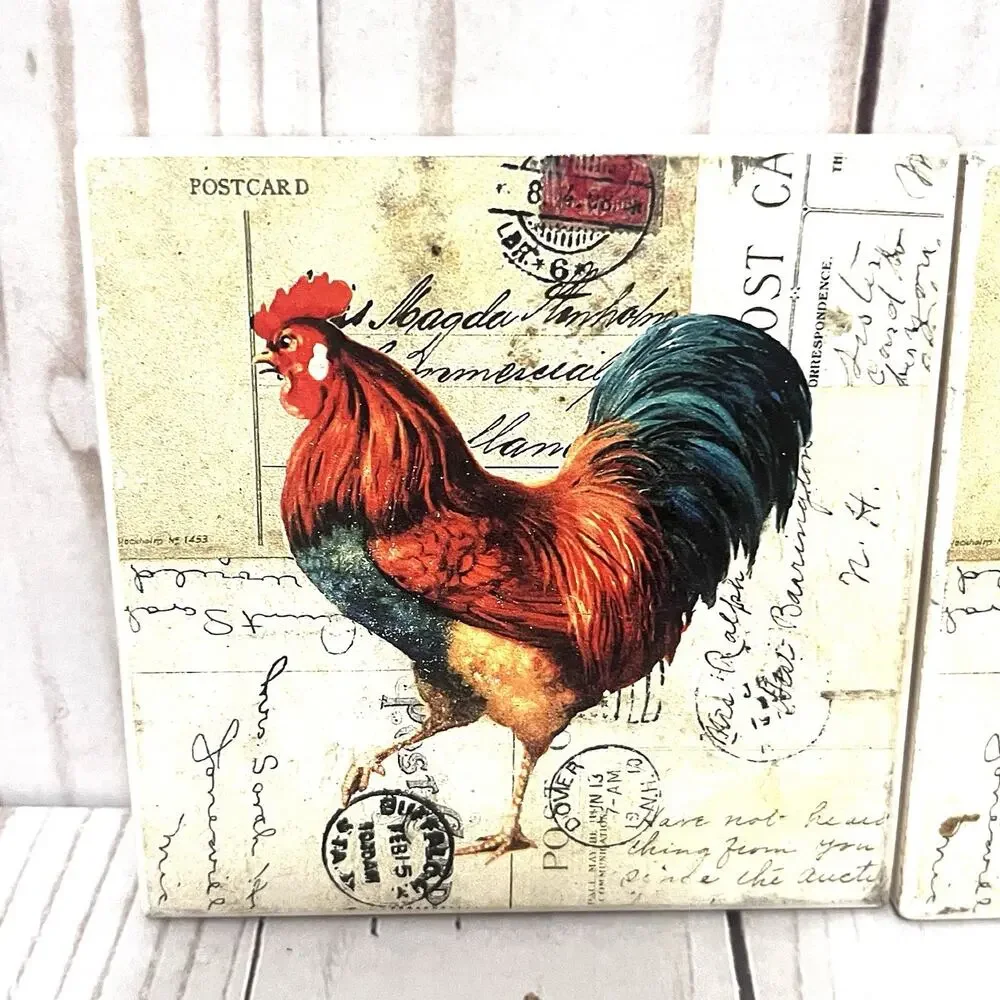 Farmhouse Rooster Coasters Rustic Country Kitchen French Cottage Decor Set of 3